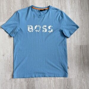 Hugo Boss T-Shirt Men's Blue Graphic Logo Size Large Better Boss Cotton EUC
